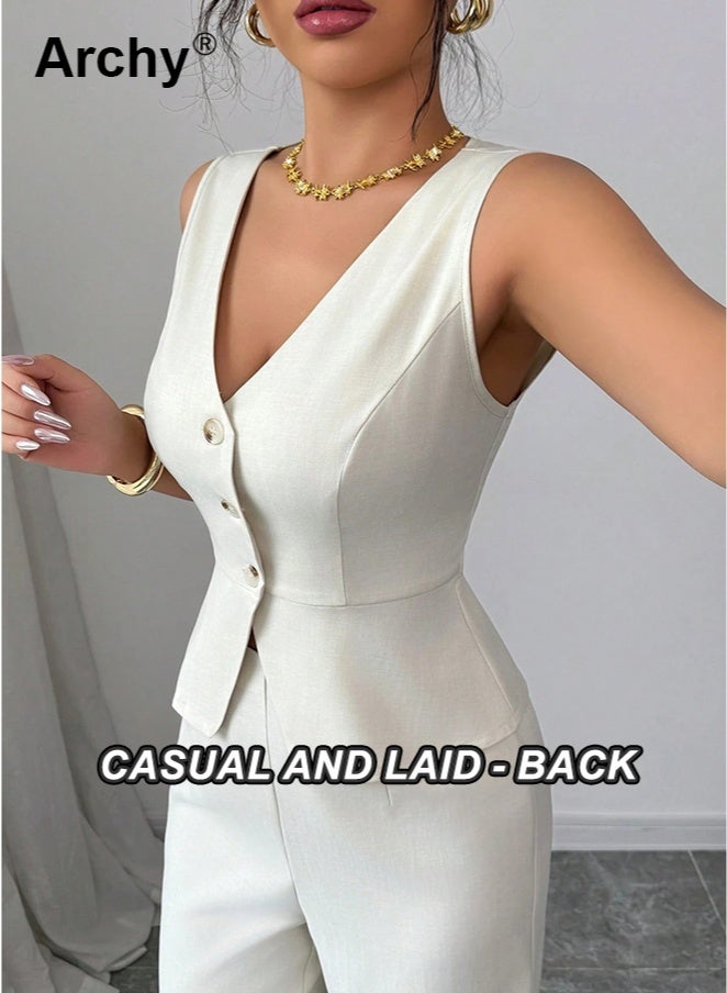 Archy Women's Elegant Sleeveless Vest & Wide-Leg Pants Set - Business Commute Style for Office & Formal Occasions Camisole and Pants Set  High-Waisted Wide-Leg Pants Summer Casual Two-Piece Long Pants Set Co-Ord Set - Image 3