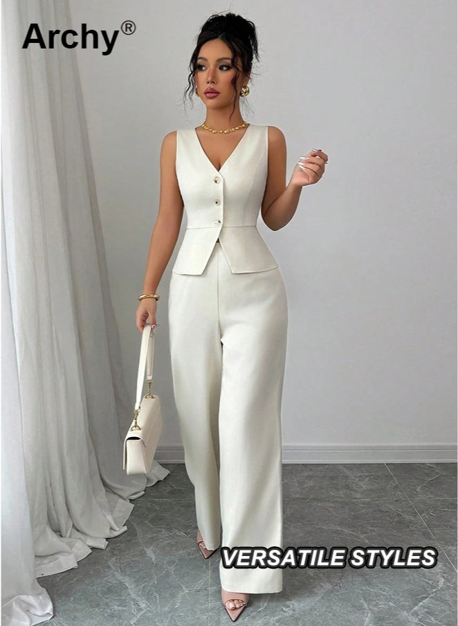 Archy Women's Elegant Sleeveless Vest & Wide-Leg Pants Set - Business Commute Style for Office & Formal Occasions Camisole and Pants Set  High-Waisted Wide-Leg Pants Summer Casual Two-Piece Long Pants Set Co-Ord Set - Image 2