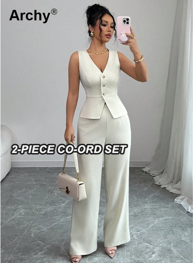 Archy Women's Elegant Sleeveless Vest & Wide-Leg Pants Set - Business Commute Style for Office & Formal Occasions Camisole and Pants Set  High-Waisted Wide-Leg Pants Summer Casual Two-Piece Long Pants Set Co-Ord Set - Image 1