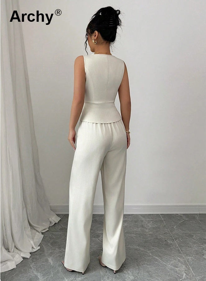 Archy Women's Elegant Sleeveless Vest & Wide-Leg Pants Set - Business Commute Style for Office & Formal Occasions Camisole and Pants Set  High-Waisted Wide-Leg Pants Summer Casual Two-Piece Long Pants Set Co-Ord Set - Image 4