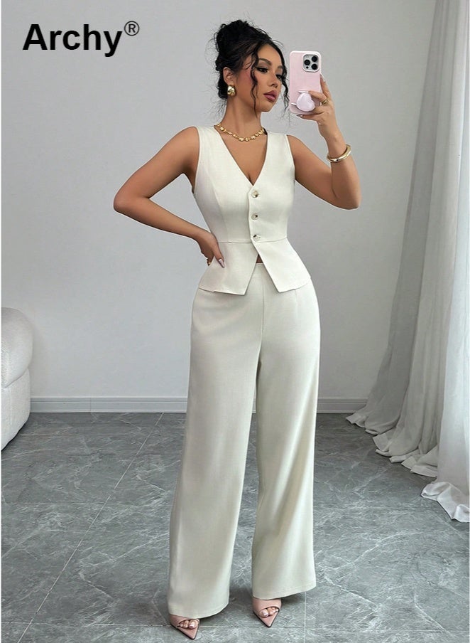 Archy Women's Elegant Sleeveless Vest & Wide-Leg Pants Set - Business Commute Style for Office & Formal Occasions Camisole and Pants Set  High-Waisted Wide-Leg Pants Summer Casual Two-Piece Long Pants Set Co-Ord Set - Image 5