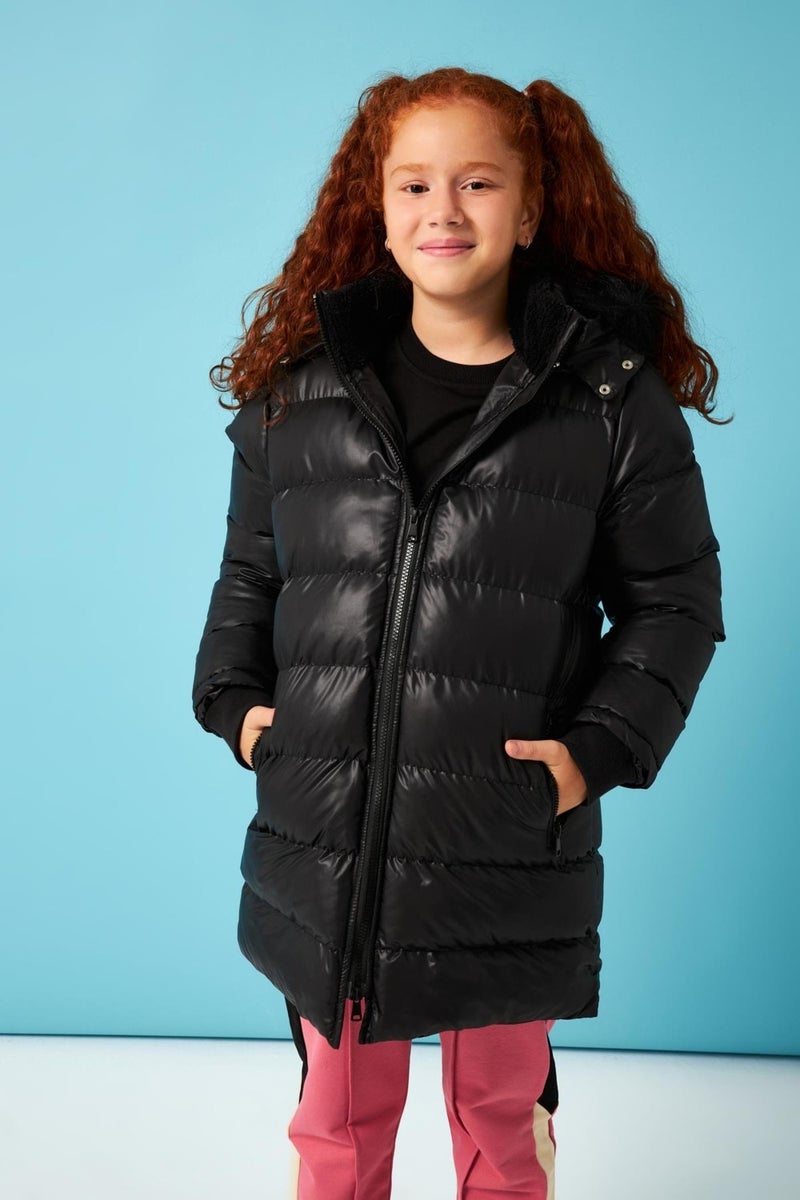 Perendi Fur Hooded Girls Coat Black - Image 1