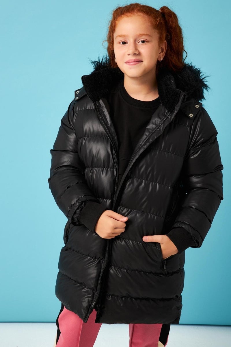 Perendi Fur Hooded Girls Coat Black - Image 2
