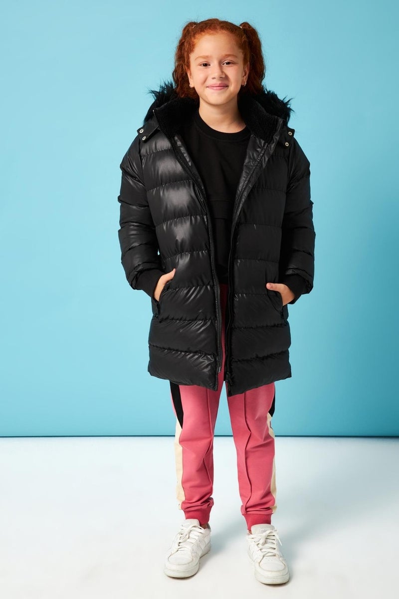 Perendi Fur Hooded Girls Coat Black - Image 3