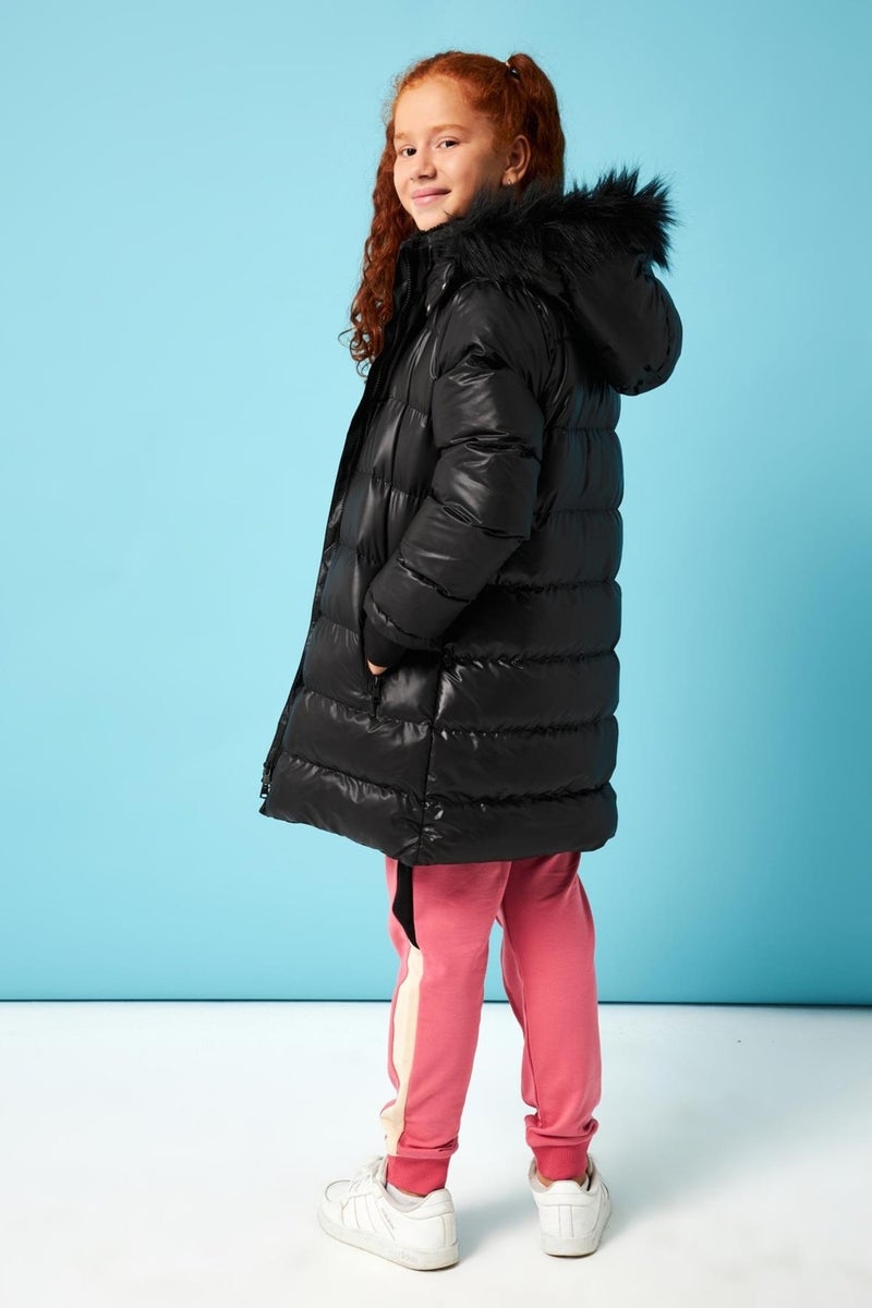 Perendi Fur Hooded Girls Coat Black - Image 4