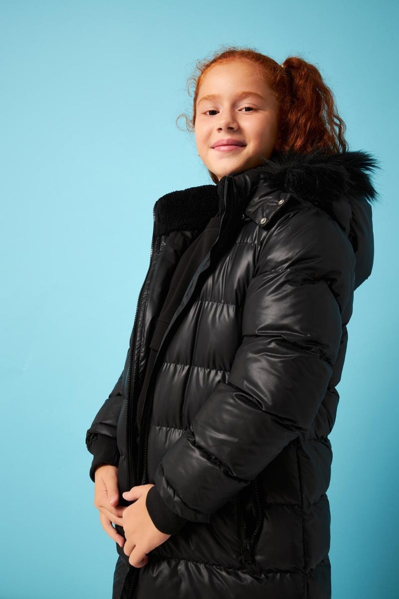 Perendi Fur Hooded Girls Coat Black - Image 5