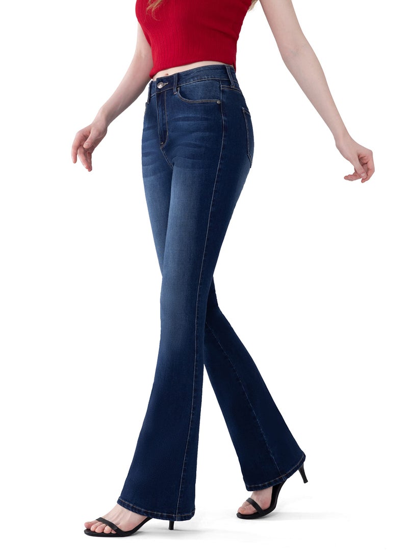 FLYING BANANA Women's Totally Shaping Curvy Stretchy Bootcut Flare Denin Jeans (Dark Blue, 14 Long) - Image 3