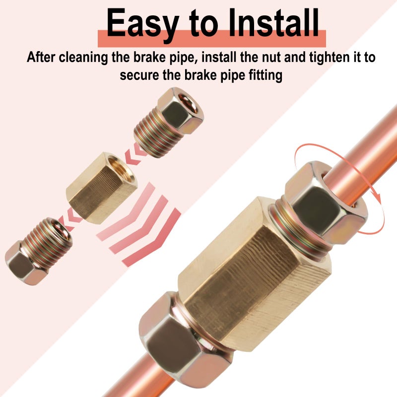 ecocstm 3/16 Brake Line Pressure Fittings, 12 Pieces 3/8 Inch-24 Threads Brass Brake Line Fitting Assortment for 3/16 Inch Brake Line Tube (4 Unions, 8 Nuts) - Image 4