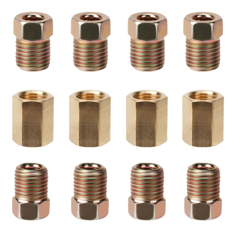 ecocstm 3/16 Brake Line Pressure Fittings, 12 Pieces 3/8 Inch-24 Threads Brass Brake Line Fitting Assortment for 3/16 Inch Brake Line Tube (4 Unions, 8 Nuts) - Image 1