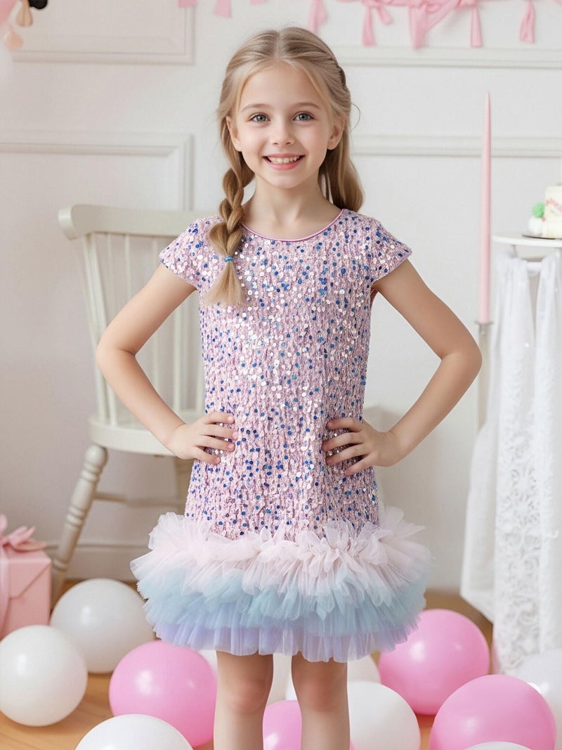 Tutu.kk Toddler Girls Sequin Dress A-Line Sparkly Short Sleeve Wedding Party Gown Dresses for Girls Pink 5-6 Years - Image 3