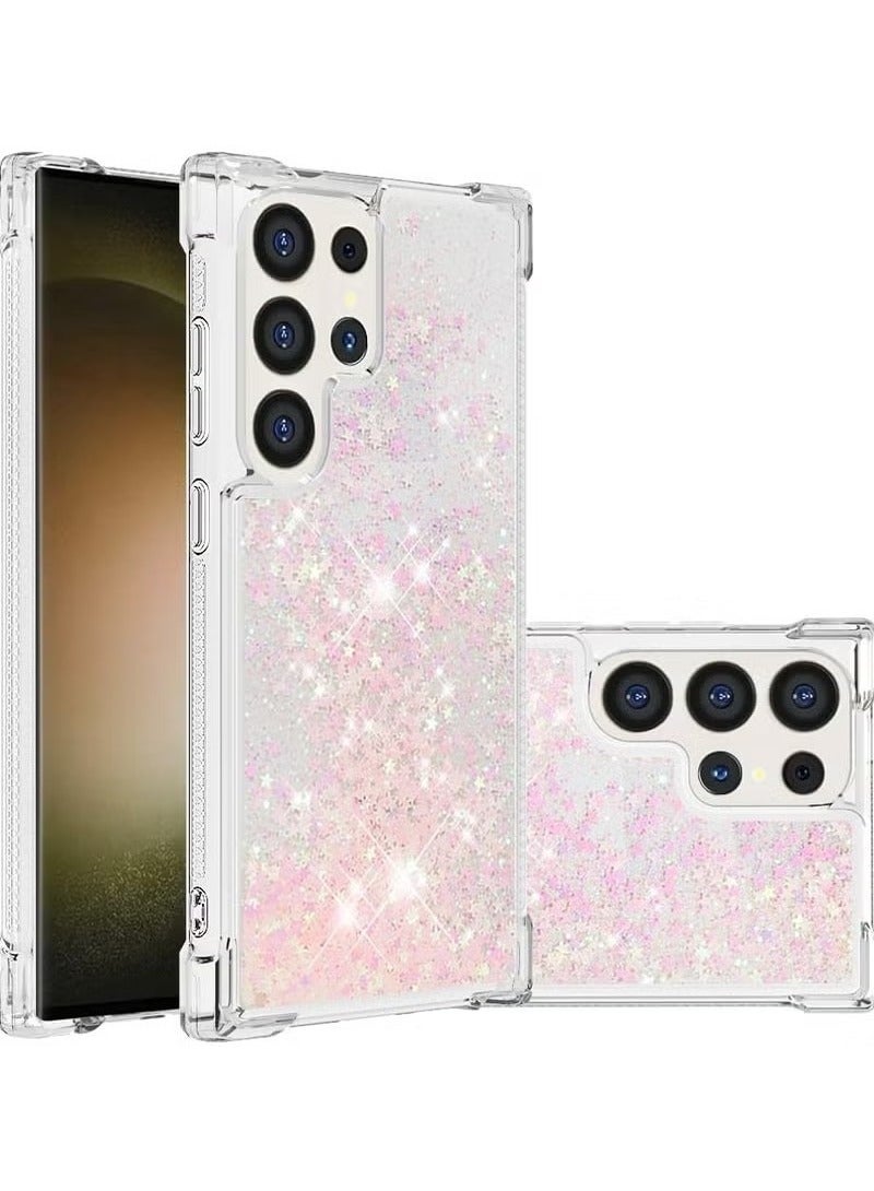 جراب لهاتف Samsung Galaxy S24 Ultra، جراب لامع، سائل لامع، شفاف، شفاف، ترتر، بناتي، غطاء نحيف من مادة TPU، سيليكون مقاوم للصدمات، لهاتف Samsung S24 Ultra (وردي نجمي) - Image 1