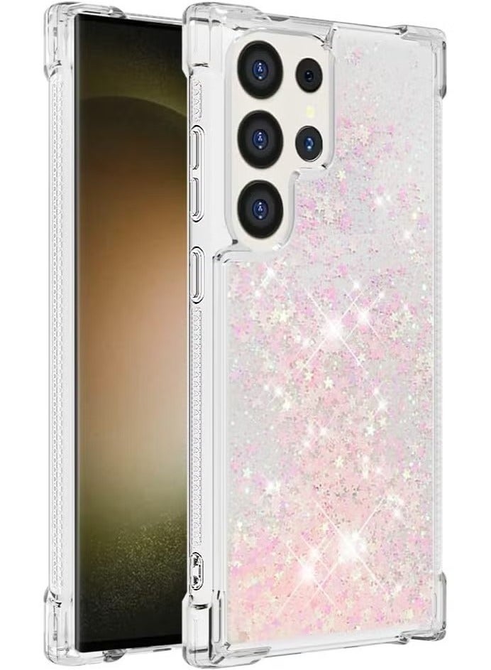 جراب لهاتف Samsung Galaxy S24 Ultra، جراب لامع، سائل لامع، شفاف، شفاف، ترتر، بناتي، غطاء نحيف من مادة TPU، سيليكون مقاوم للصدمات، لهاتف Samsung S24 Ultra (وردي نجمي) - Image 2
