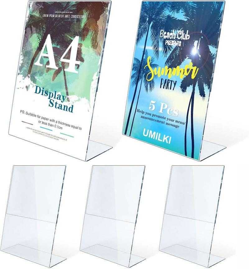 UMILKI Set of 5 A4 L-Shaped Table Display Stands, Transparent Acrylic, A4 Poster Doors, Menu, Office Cards, Photo Frame, Restaurants, Hotel, School, Wedding - Image 1
