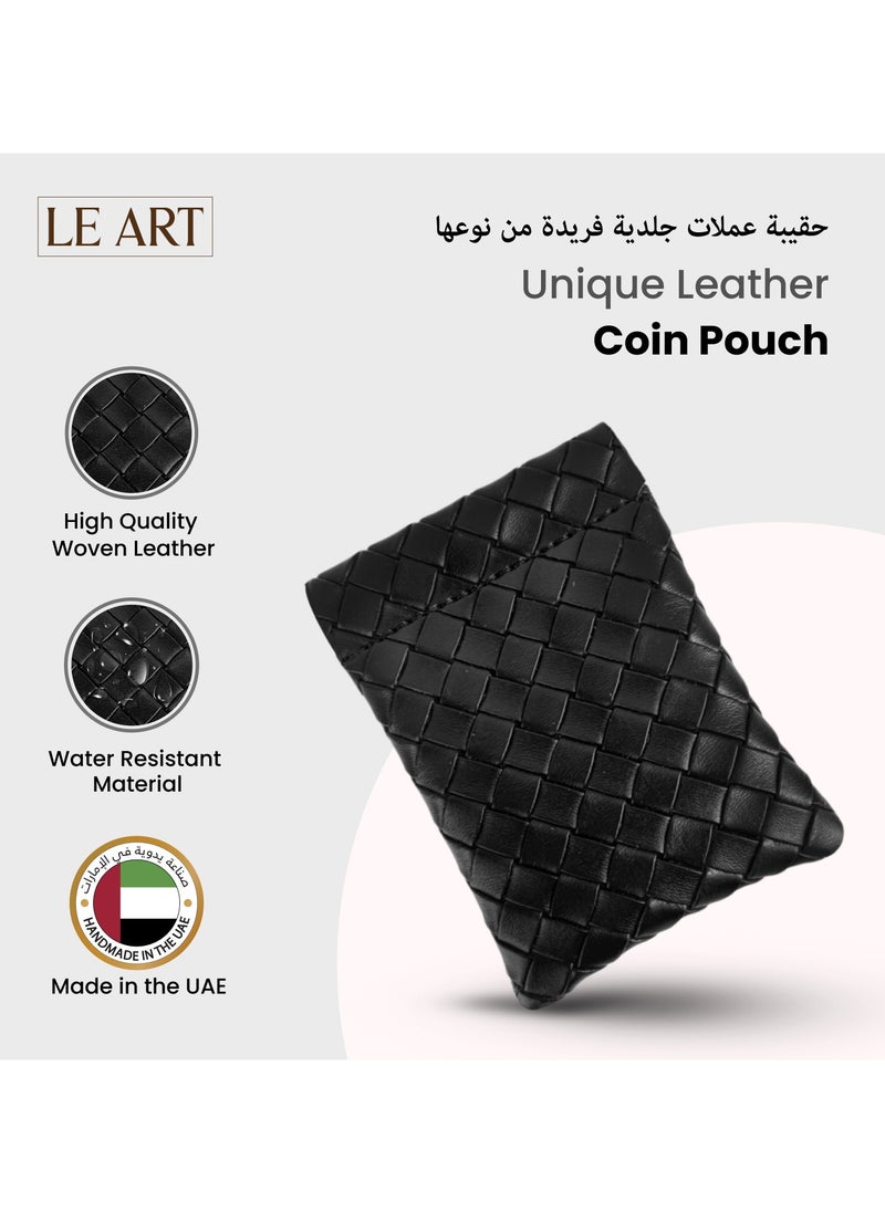 LeArt Leather Squeeze Coin Pouch for Men & Women | Coin Purse | Coin Holder | For Coins, Keys, Earphones, Cards, AirPods, Rosary | Great Gifting Option (Woven Black)  - Image 2