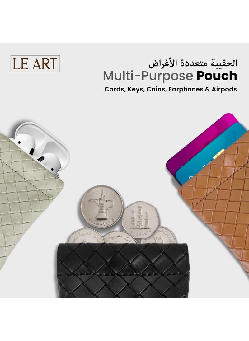 LeArt Leather Squeeze Coin Pouch for Men & Women | Coin Purse | Coin Holder | For Coins, Keys, Earphones, Cards, AirPods, Rosary | Great Gifting Option (Woven Black)  - Image 3