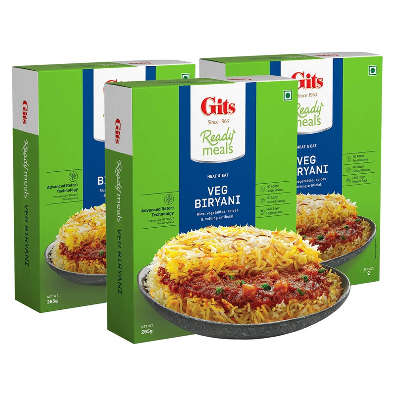 Gits Ready to Eat Veg Biryani, 795g (Pack of 3 X 265g Each) - Image 1