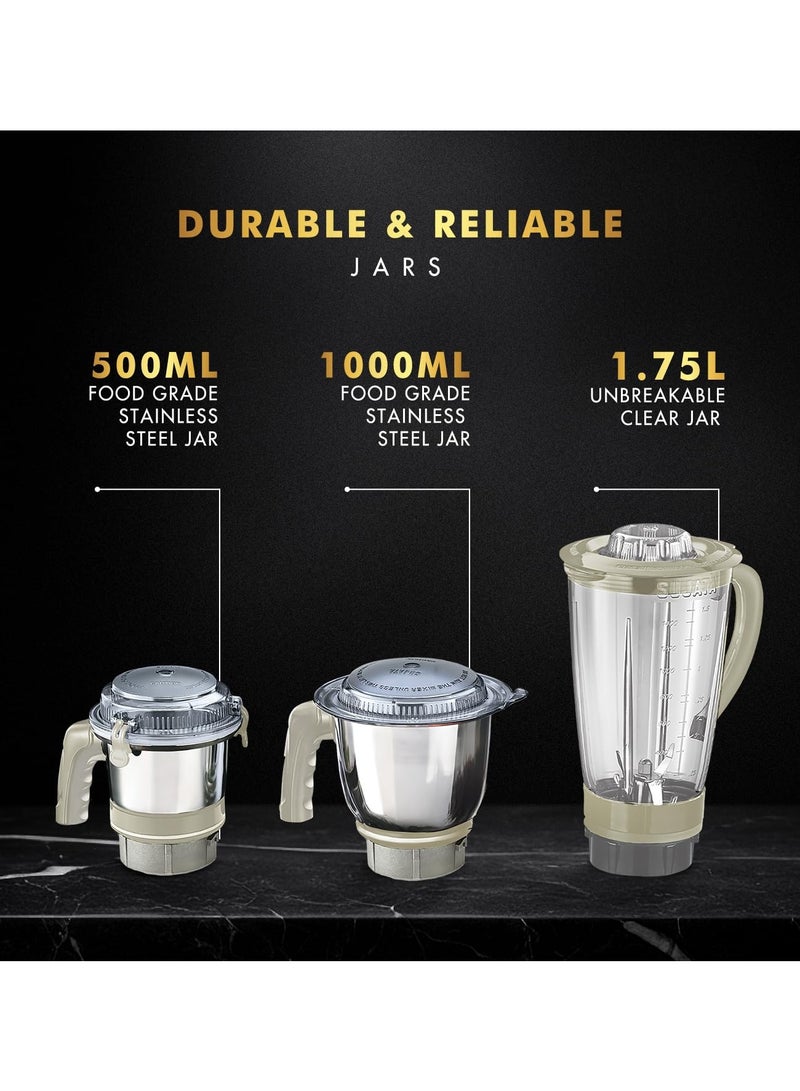 Sujata MG01 Mixer Grinder 1000W with 3 Jars, Double Ball Bearing Motor, Beige & White - Image 3