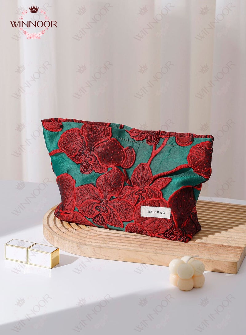 WINNOOR Elegant Jacquard Floral Cosmetic Pouch, Makeup Bag, Makeup Organizer for Women, Chic Design, 26*18cm - Image 1