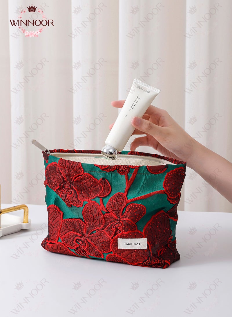 WINNOOR Elegant Jacquard Floral Cosmetic Pouch, Makeup Bag, Makeup Organizer for Women, Chic Design, 26*18cm - Image 3