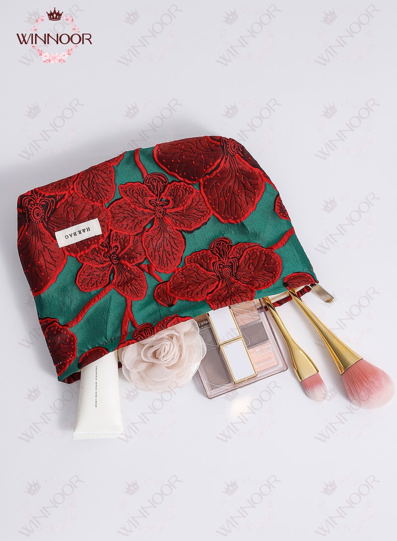 WINNOOR Elegant Jacquard Floral Cosmetic Pouch, Makeup Bag, Makeup Organizer for Women, Chic Design, 26*18cm - Image 4