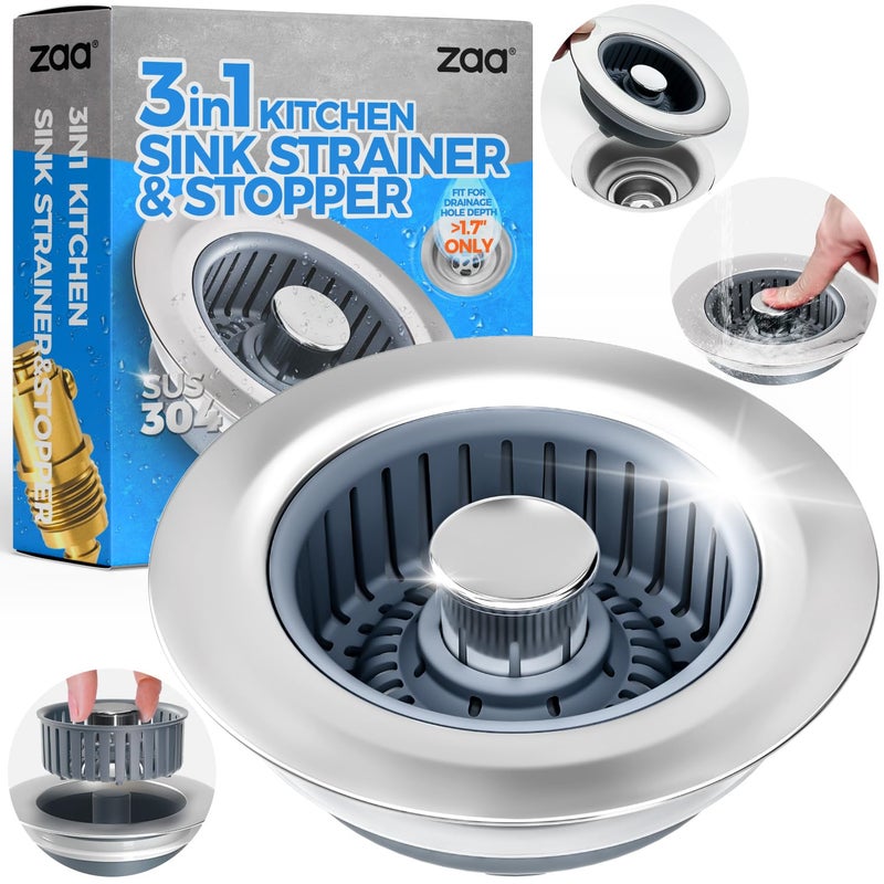 zaa Sink Drain Strainer - Sink Stopper Kitchen Drain, 3 in 1 Kitchen Sink Drain Strainer with Anti-Clogging Basket, Kitchen Gadgets Clearance Sink Accessories, Fit US Standard 3-1/2'' Sink Hole, Silver - Image 1