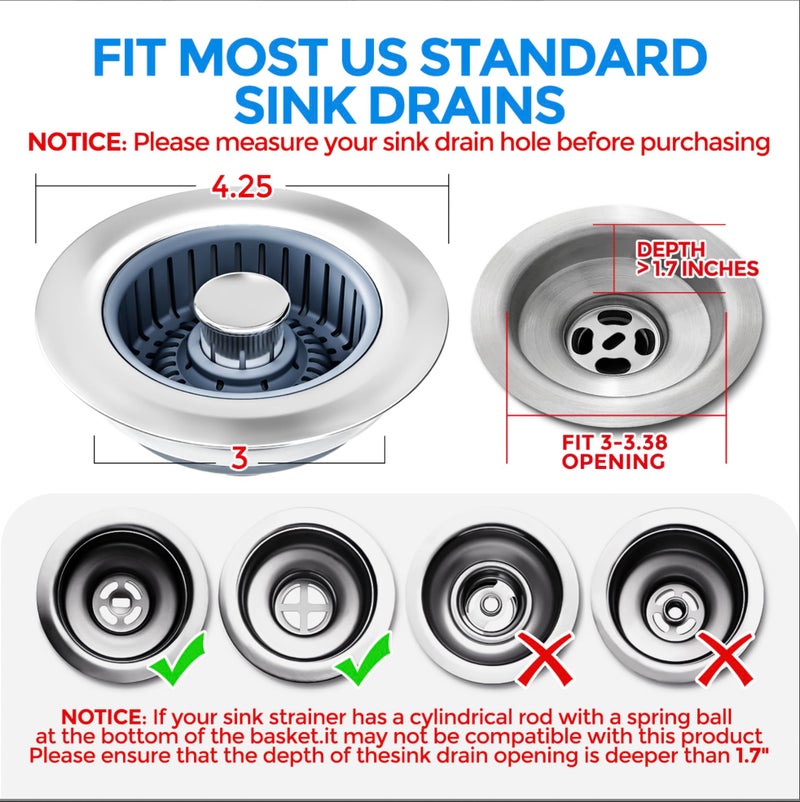 zaa Sink Drain Strainer - Sink Stopper Kitchen Drain, 3 in 1 Kitchen Sink Drain Strainer with Anti-Clogging Basket, Kitchen Gadgets Clearance Sink Accessories, Fit US Standard 3-1/2'' Sink Hole, Silver - Image 4