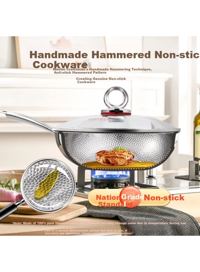 Olofe Handmade Pure Titanium 0 Coating Quick-heating Wok, 7th Generation Pure Titanium Old Guandong Hammered Mirror Finish Non-coated Stir-fry Pan, 32cm - Image 1