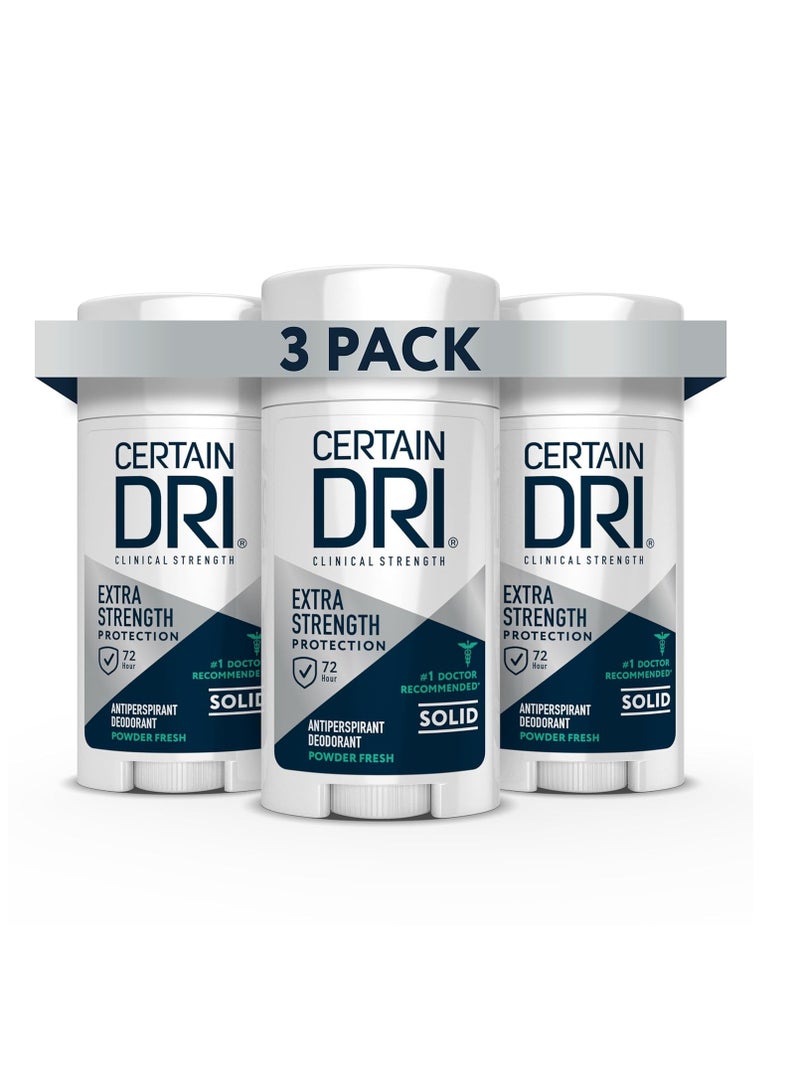 CERTAIN DRI Certain Dri Extra Strength Clinical Antiperspirant Solid Deodorant, Hyperhidrosis Treatment for Men & Women, Long-Lasting 72hr Protection, Effective Sweat Control, Powder Fresh Scent, 1.7oz, 3 Pack  - Image 1