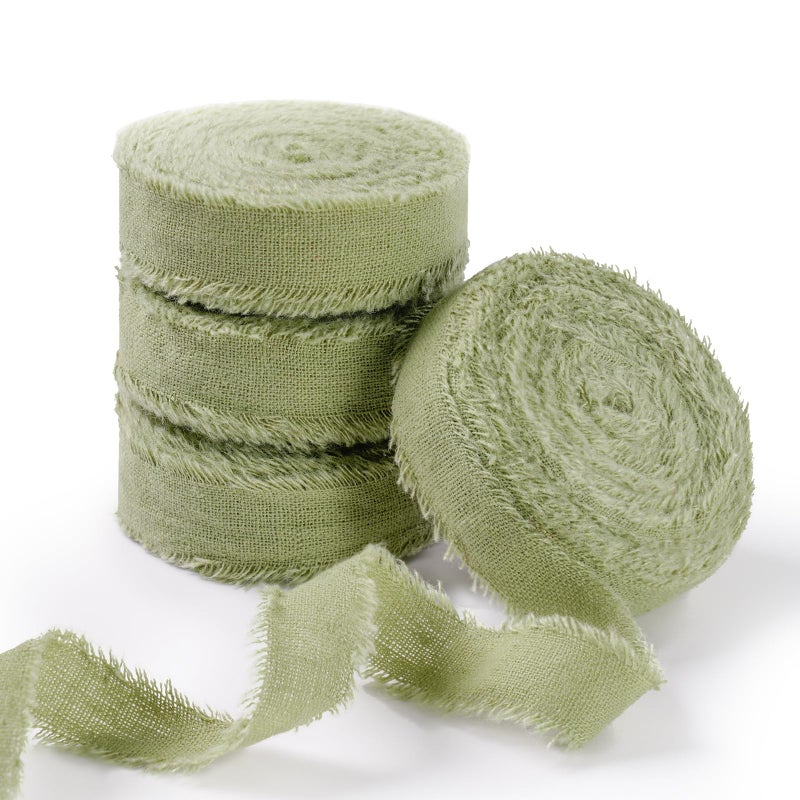 FAKILO Natural Rustic Cotton Ribbon with Frayed Edge, Sage Green 100% Cotton Ribbon 5/8" x 24yds for Vintage Wedding Bouquets,Invitations,Baby Shower,Gift Wrapping,DIY Crafts,Home Decor - Image 1