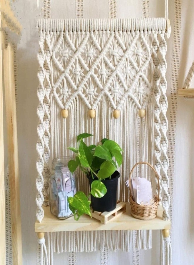 Urooz Macramé Wooden Wall Hanging Shelf |1001| Modern Chic Woven Macrame Tapestries, Wall Art Home Decor for Apartment, Dorm, Bedroom, Living Room, Nursery, Party Decorations cm 30x15X50 - Image 3