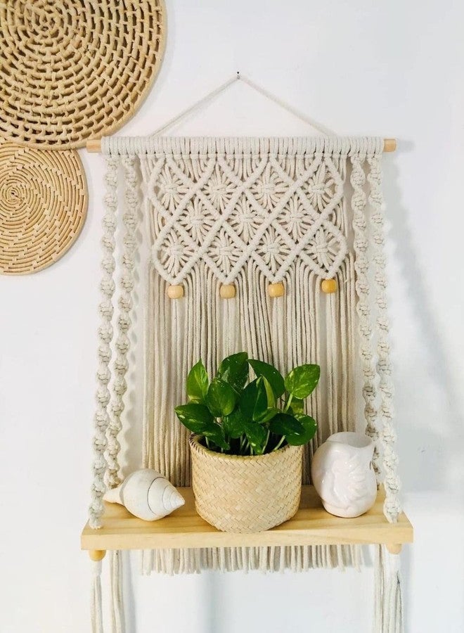Urooz Macramé Wooden Wall Hanging Shelf |1001| Modern Chic Woven Macrame Tapestries, Wall Art Home Decor for Apartment, Dorm, Bedroom, Living Room, Nursery, Party Decorations cm 30x15X50 - Image 1