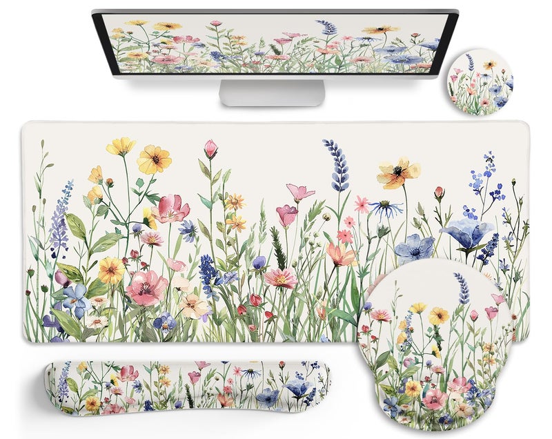 LIMKRIAN Flower Mouse Pad Set Large Desk Matt for Desktop, Ergonomic Mouse Pad with Wrist Rest, Gaming Wrist Support Keyboard Mat Cup Coaster Set Cute Office Desk Decor Accessories - Image 1