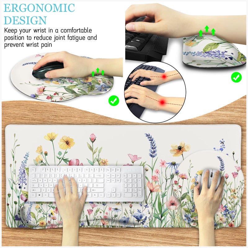 LIMKRIAN Flower Mouse Pad Set Large Desk Matt for Desktop, Ergonomic Mouse Pad with Wrist Rest, Gaming Wrist Support Keyboard Mat Cup Coaster Set Cute Office Desk Decor Accessories - Image 4