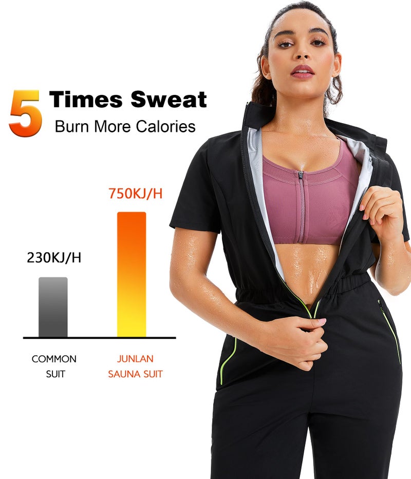 Junlan Sauna Suit for Women Sweat Jumpsuit Stand Collar Heat Trapping Shirt for Women Workout Sports(Black,Large) - Image 2