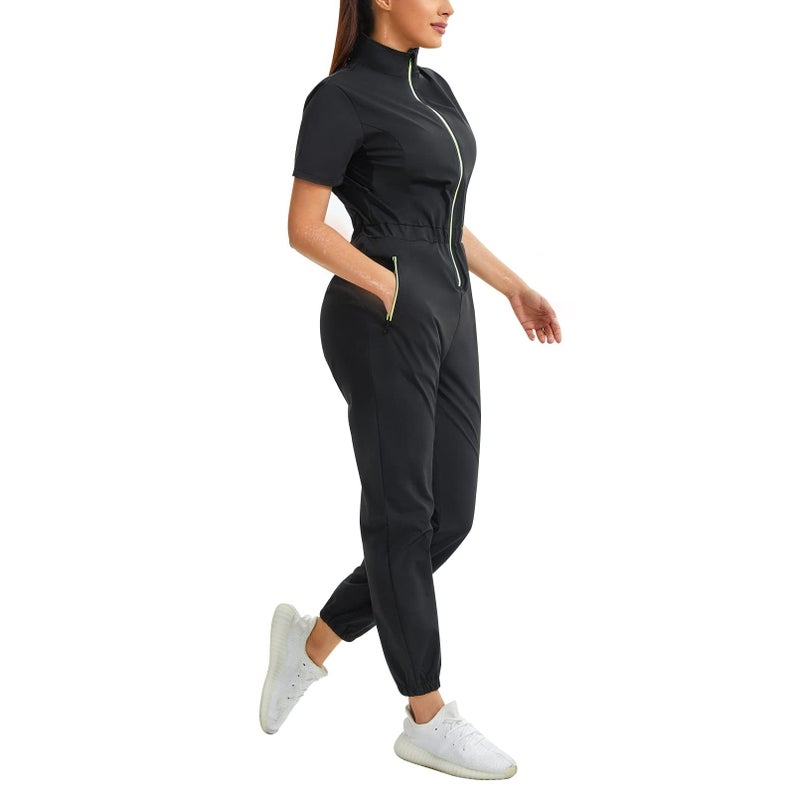 Junlan Sauna Suit for Women Sweat Jumpsuit Stand Collar Heat Trapping Shirt for Women Workout Sports(Black,Large) - Image 1
