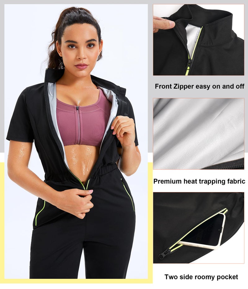Junlan Sauna Suit for Women Sweat Jumpsuit Stand Collar Heat Trapping Shirt for Women Workout Sports(Black,Large) - Image 3