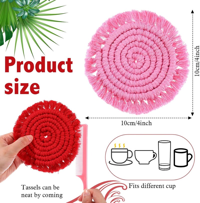 FoldTier 6 قطع حوامل أكواب مشروبات ماصة قطنية منسوجة بأسلوب بوهيمي مع حمالة هدية تدفئة منزلية لمطبخ مكتب ديكور طاولة قهوة 4 باللون الوردي - Image 2