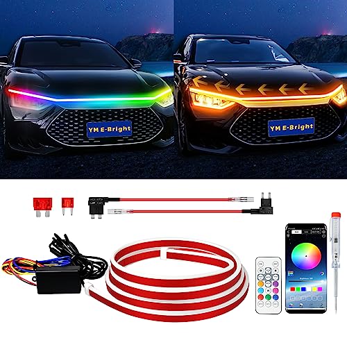 YM EBright Car Led Lights Exterior RGB Hood Light Strip Waterproof Multicolor Dynamic Scan Start Up Hoodbeam Kit DRL Daytime Running Lights for CarsTruckSUVAPP Control12V 70inch