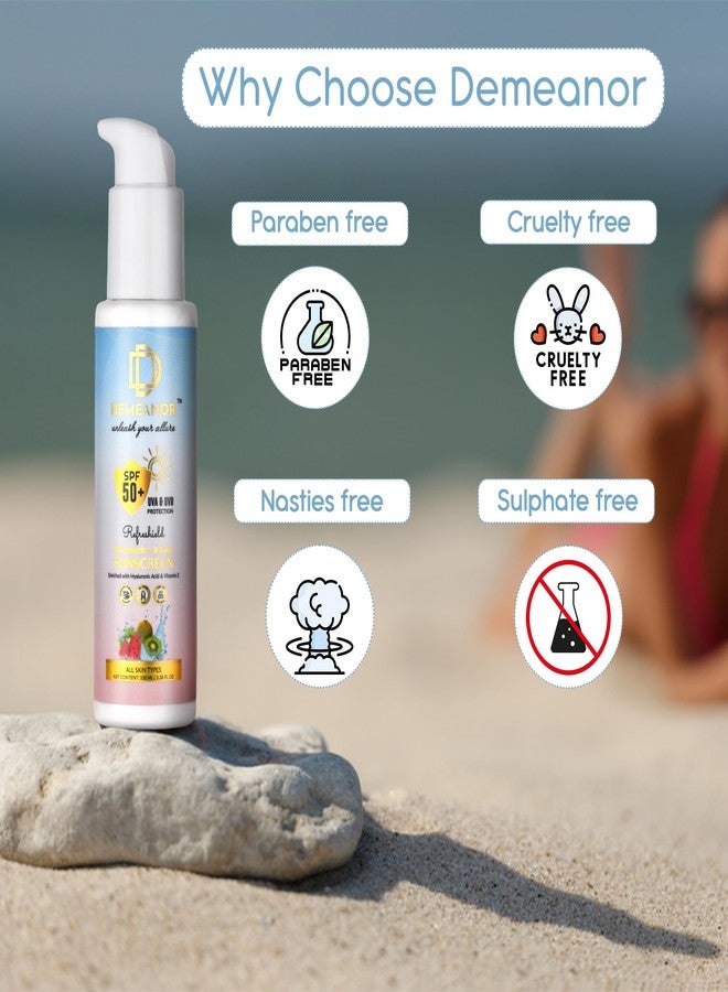 DEMEANOR Watermelon & Kiwi Sunscreen for Face & Body - SPF 50+ & PA+++ Cooling Hydration with Broad Spectrum Protection - 100ml (Pack of 2) - Image 3