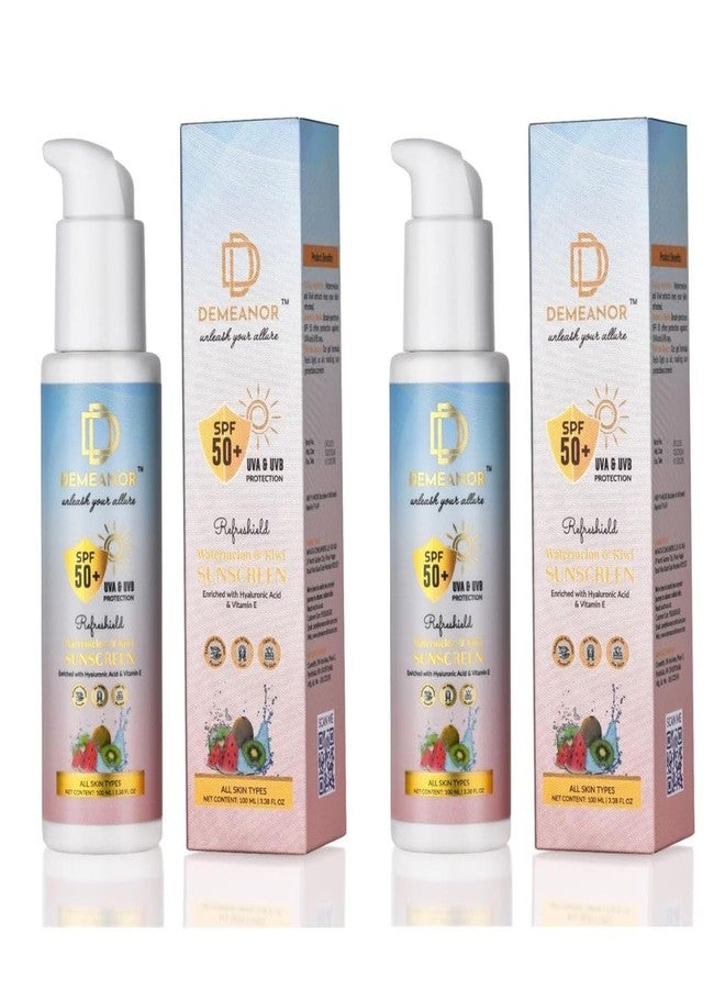 DEMEANOR Watermelon & Kiwi Sunscreen for Face & Body - SPF 50+ & PA+++ Cooling Hydration with Broad Spectrum Protection - 100ml (Pack of 2) - Image 1