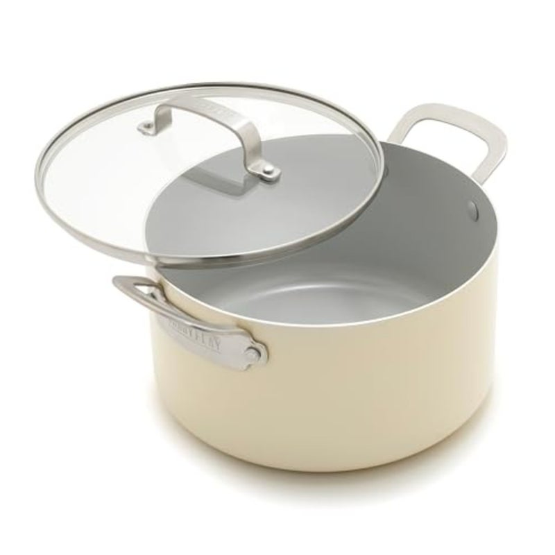6QT Stockpot with Glass Lid for Pasta and Soups, Diamond Ceramic Nonstick PFAS-Free Coating, Induction-Suitable, Oven and Dishwasher Safe, Quick-Heating, Cream Color - Image 1