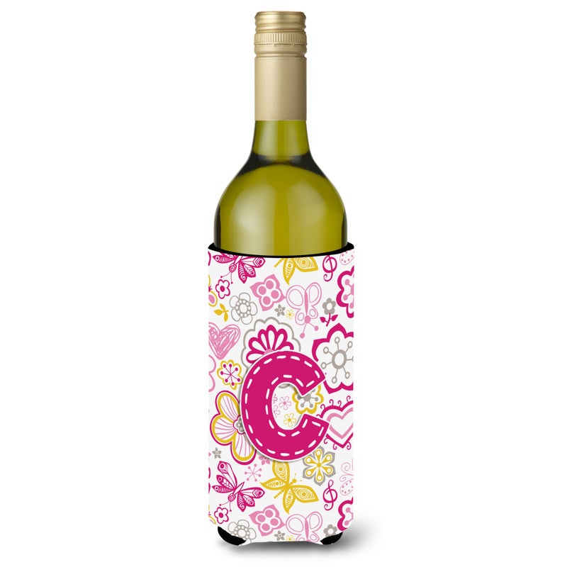 Letter C Flowers and Butterflies Pink Wine Bottle Beverage Insulator Hugger CJ2005-CLITERK