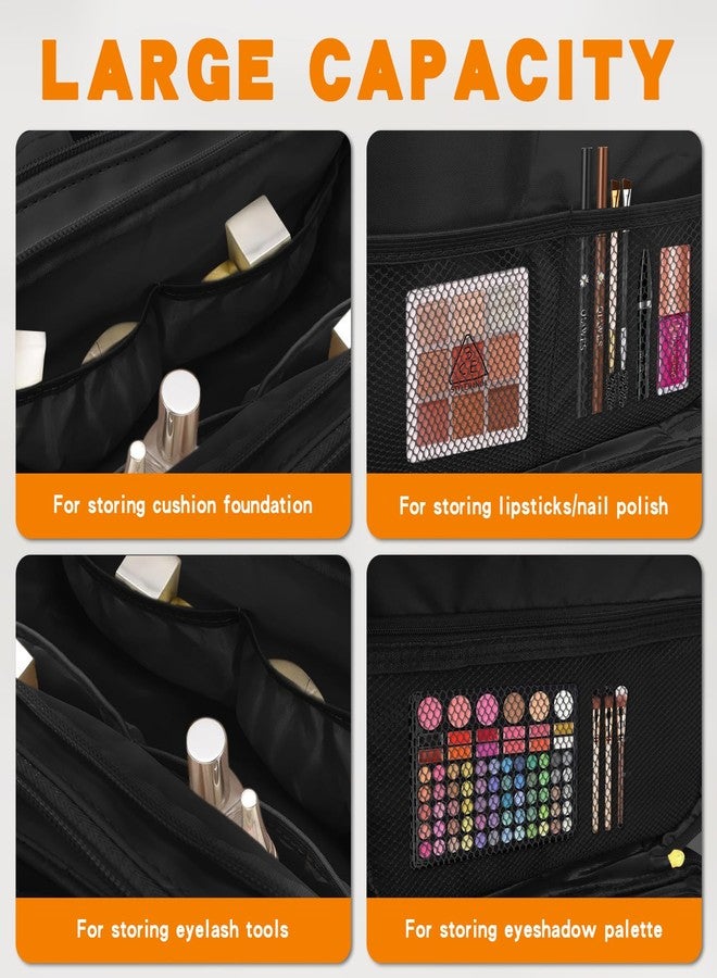 Grekos Travel Toiletry Bag, Makeup Bag for Women's, Large Capacity PU Leather Travel Organizer with Divider and Handle, Makeup for Cosmetic & Free-Standing Brush Holder Kit (Black) - Image 3