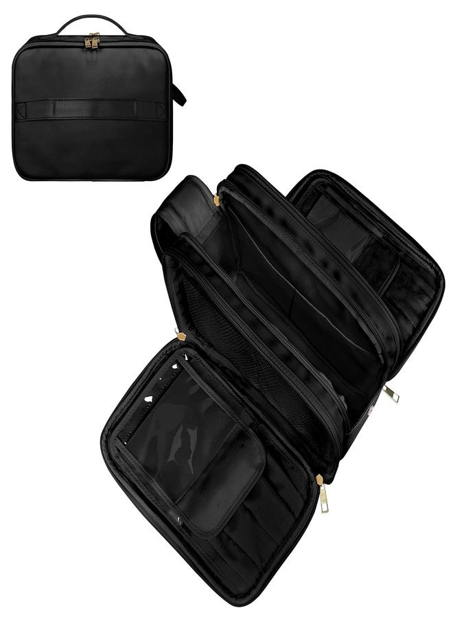 Grekos Travel Toiletry Bag, Makeup Bag for Women's, Large Capacity PU Leather Travel Organizer with Divider and Handle, Makeup for Cosmetic & Free-Standing Brush Holder Kit (Black) - Image 1