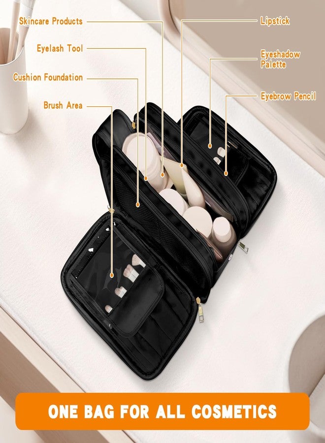 Grekos Travel Toiletry Bag, Makeup Bag for Women's, Large Capacity PU Leather Travel Organizer with Divider and Handle, Makeup for Cosmetic & Free-Standing Brush Holder Kit (Black) - Image 4
