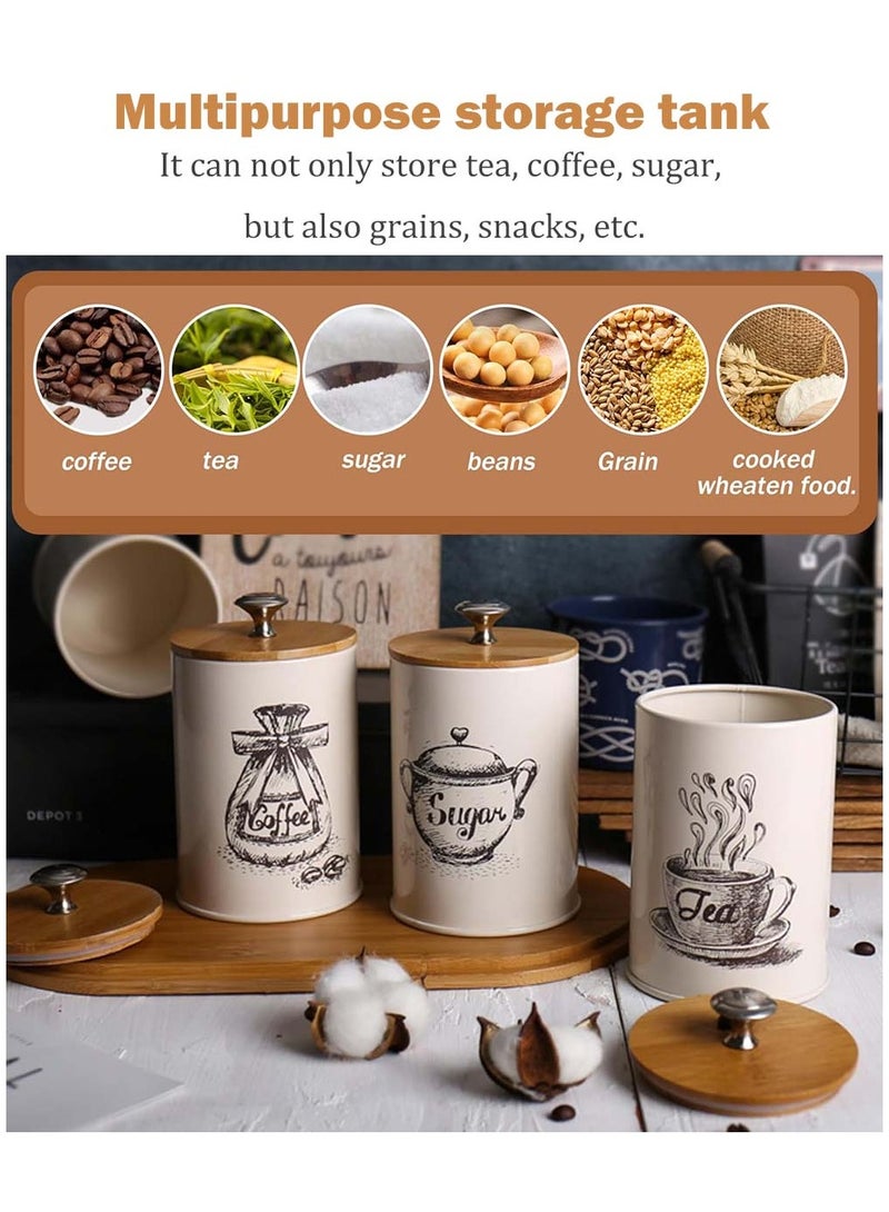 YIM-VIBEHAUS 3 Pieces Canister Sets for Kitchen Storage, Metal Vintage Kitchen Containers & Storage with Bamboo Lid, Coffee Sugar Tea Metal Canister Jars, Food Storage Canister, Kitchen Decor, Beige  - Image 4