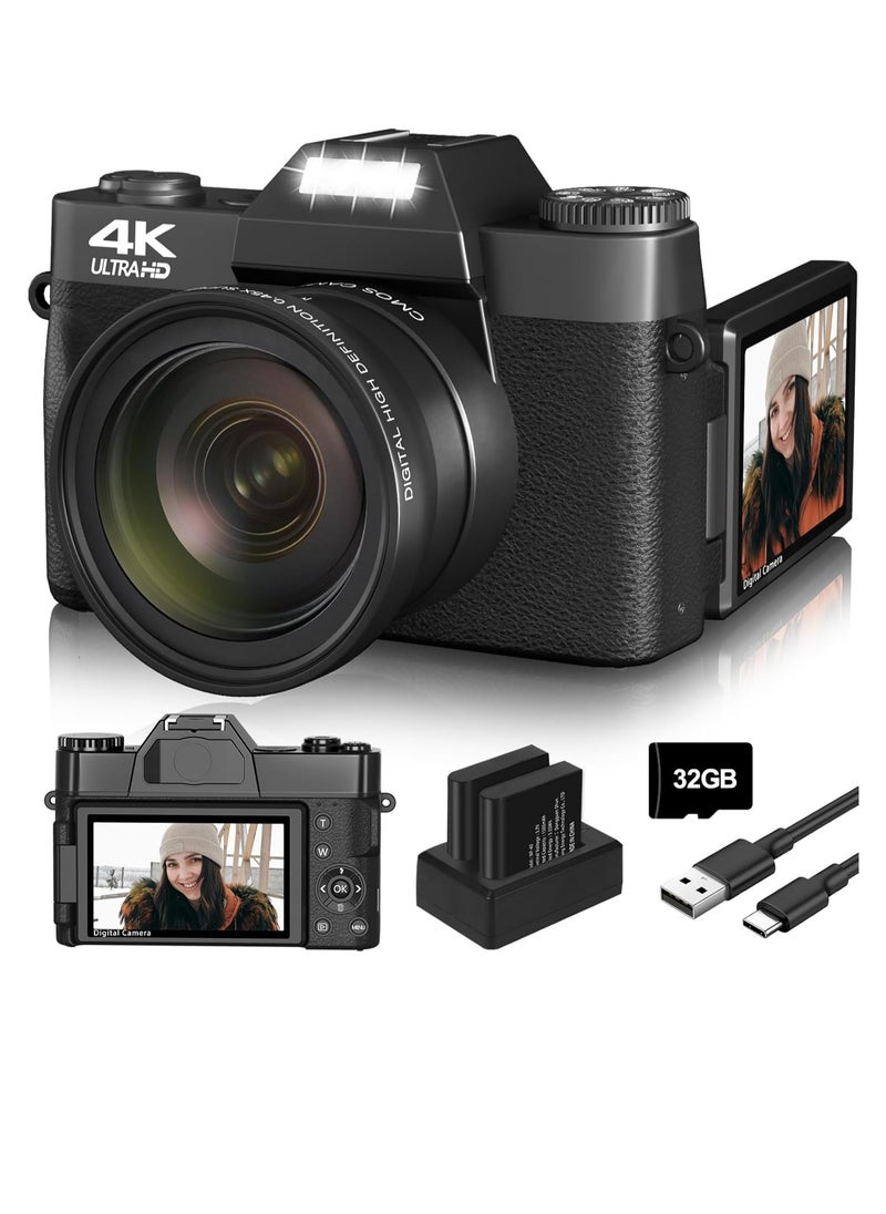 Generic Vlogging Camera, 4K 75MP Digital Camera for Photography, 16X Digital Zoom, Vlogging Camera for YouTube with180 Degree Flip Screen, Wide Angle Lens, 2 Batteries and 32GB Micro SD Card (Black)  - Image 1