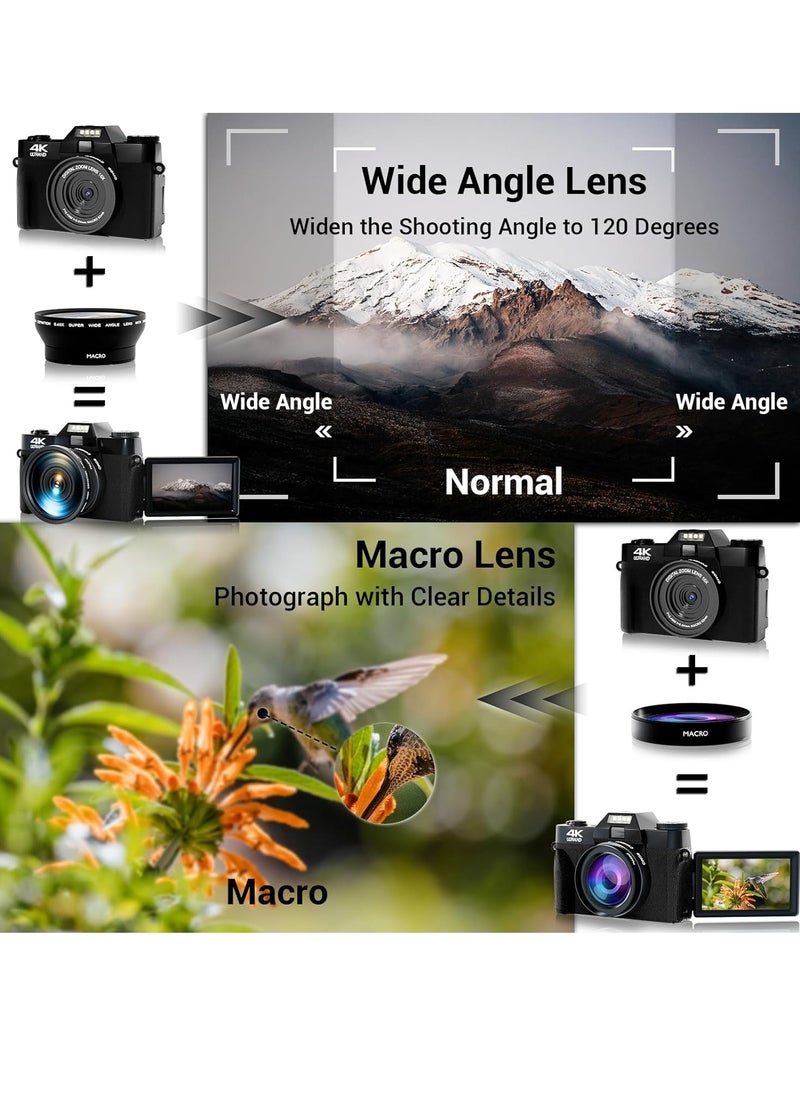 Vlogging Camera, 4K 75MP Digital Camera for Photography, 16X Digital Zoom, Vlogging Camera for YouTube with180 Degree Flip Screen, Wide Angle Lens, 2 Batteries and 32GB Micro SD Card (Black)