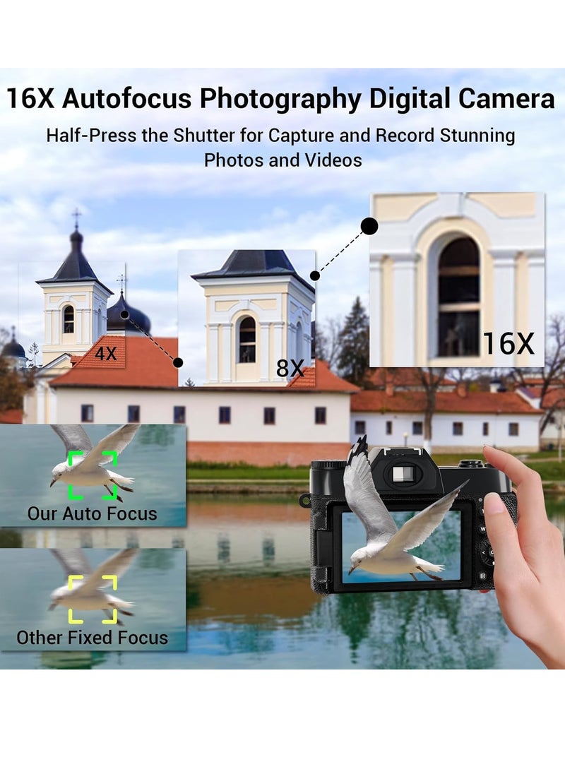 Vlogging Camera, 4K 75MP Digital Camera for Photography, 16X Digital Zoom, Vlogging Camera for YouTube with180 Degree Flip Screen, Wide Angle Lens, 2 Batteries and 32GB Micro SD Card (Black)