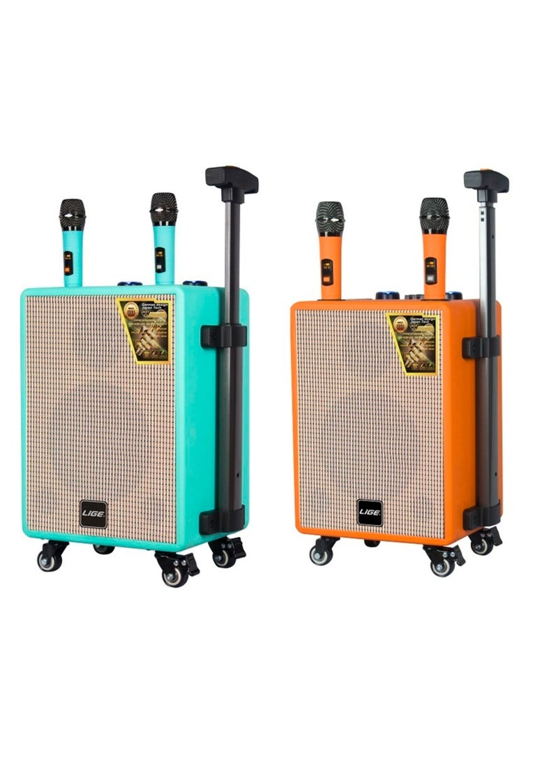 general RECHARGABLE  8 INCH SPEAKER TROLLY AND WEHEELS WITH BLUETOOTH USB SD CARD READER WITH 2 WIRELESS MICROPHONES AVAILABLE IN 2 COLORS GREEN AND ORANGE
